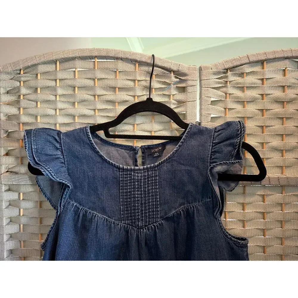J. Crew Factory Chambray Pleated Ruffle Sleeves Top Blue XS Crew Neckline